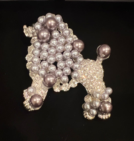 Pewter color pearl rhinestone poodle brooch.