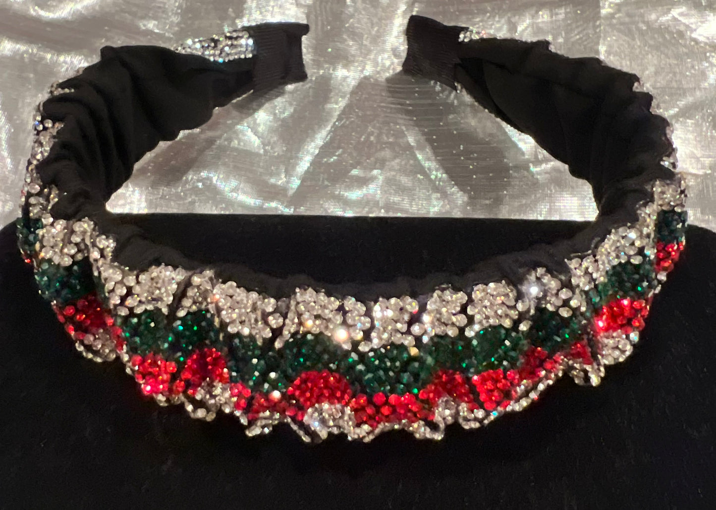 Silver red and green rhinestone headband.