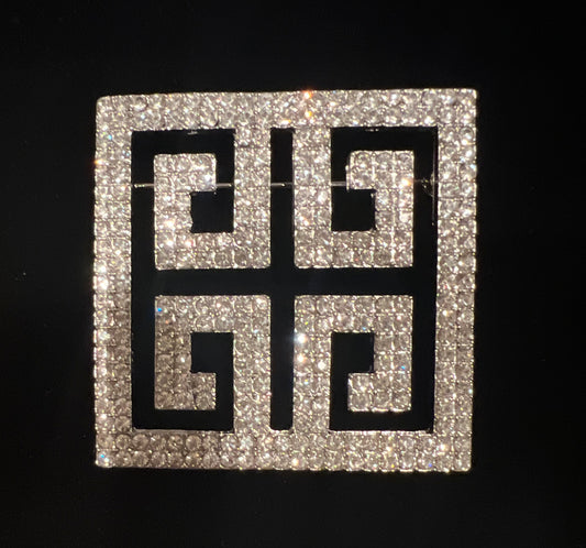 Silver square Greek rhinestone brooch.