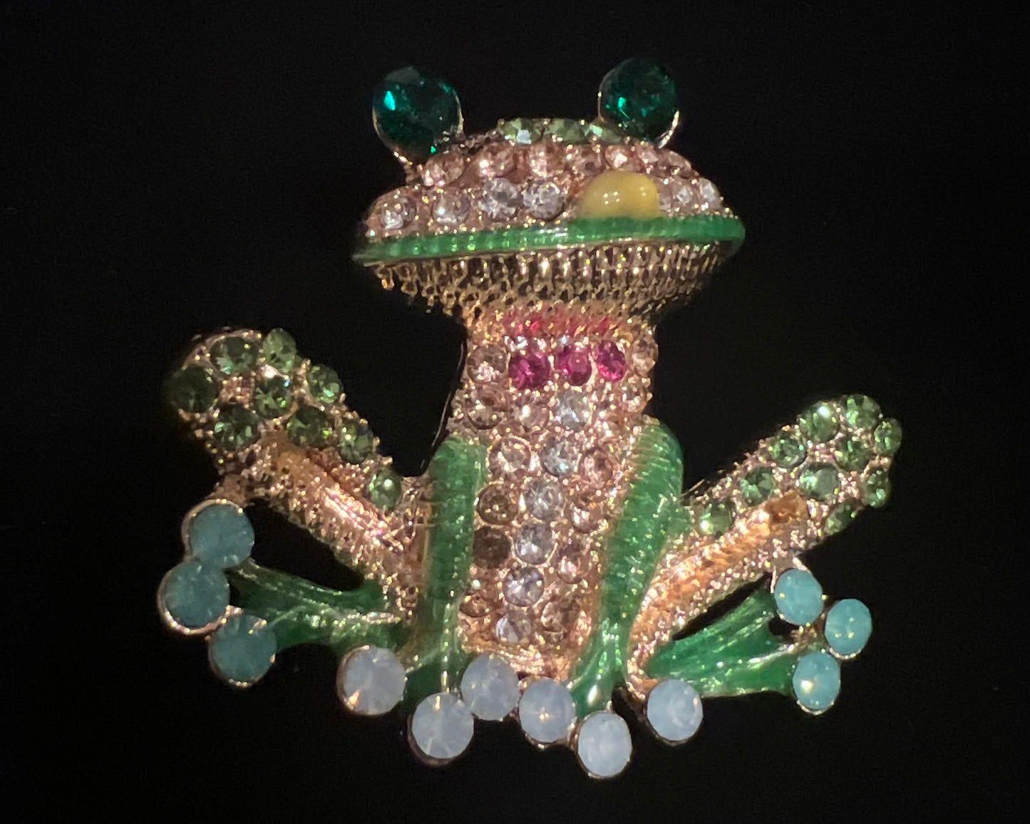 Green and gold tone frog with rhinestones.